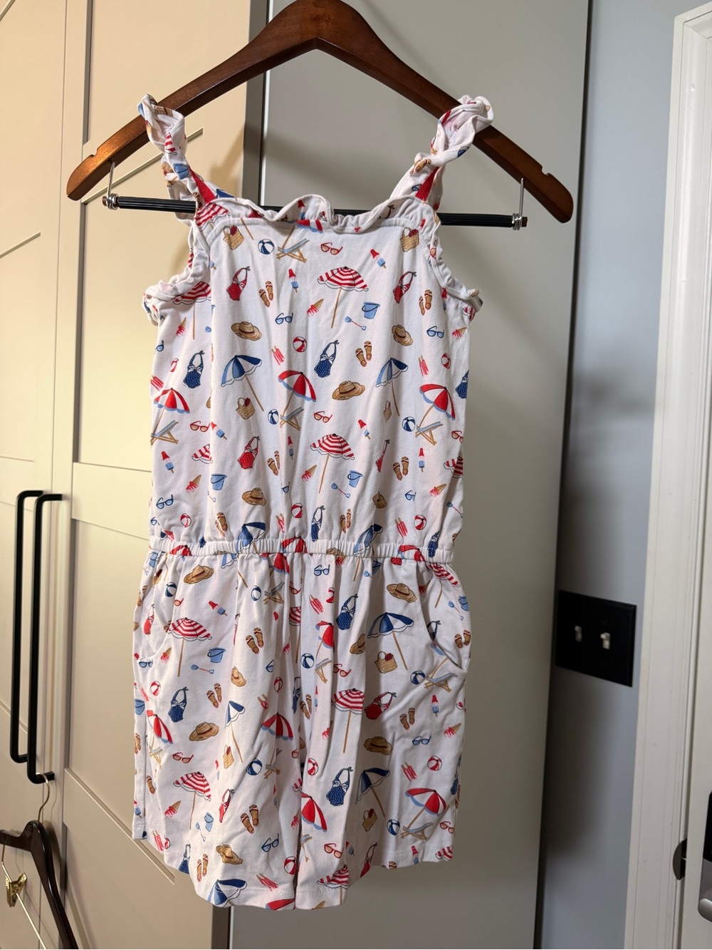Janie and Jack White Beach Print Romper with Red and Blue Accents